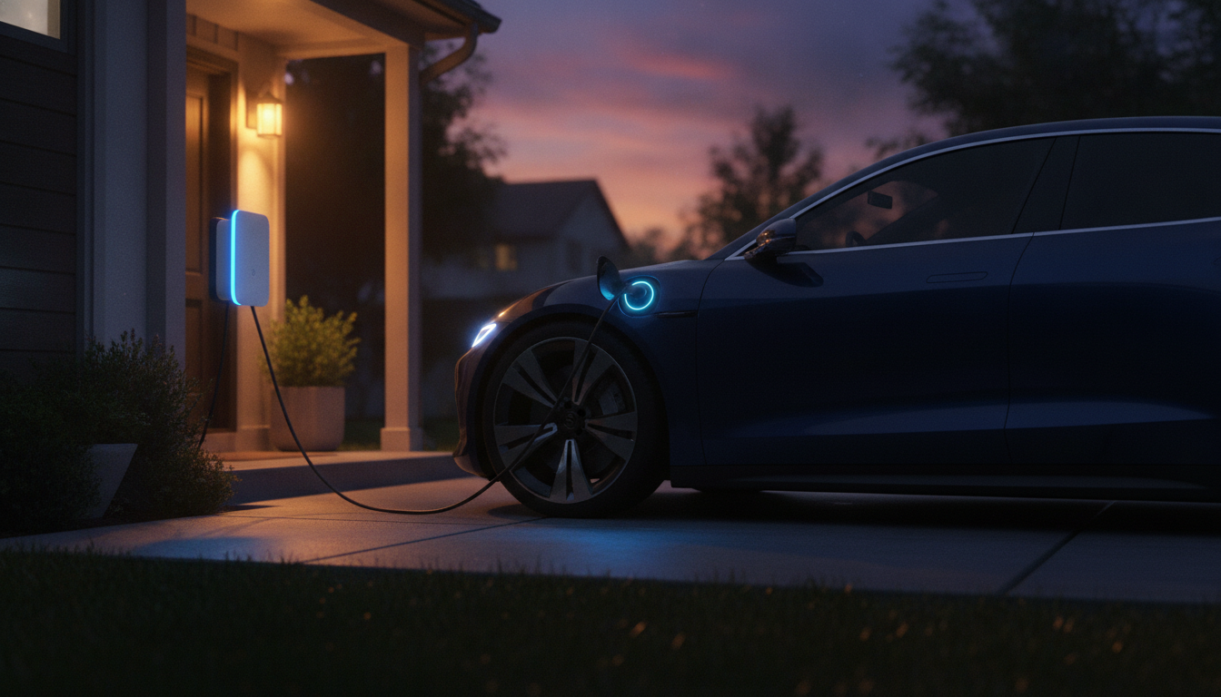 EV charging in a driveway at dusk